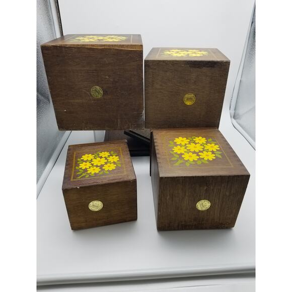 Imperial Hand Carved HardWood Canisters Yellow Flowers Japan Vintage Set nesting - Picture 10 of 16